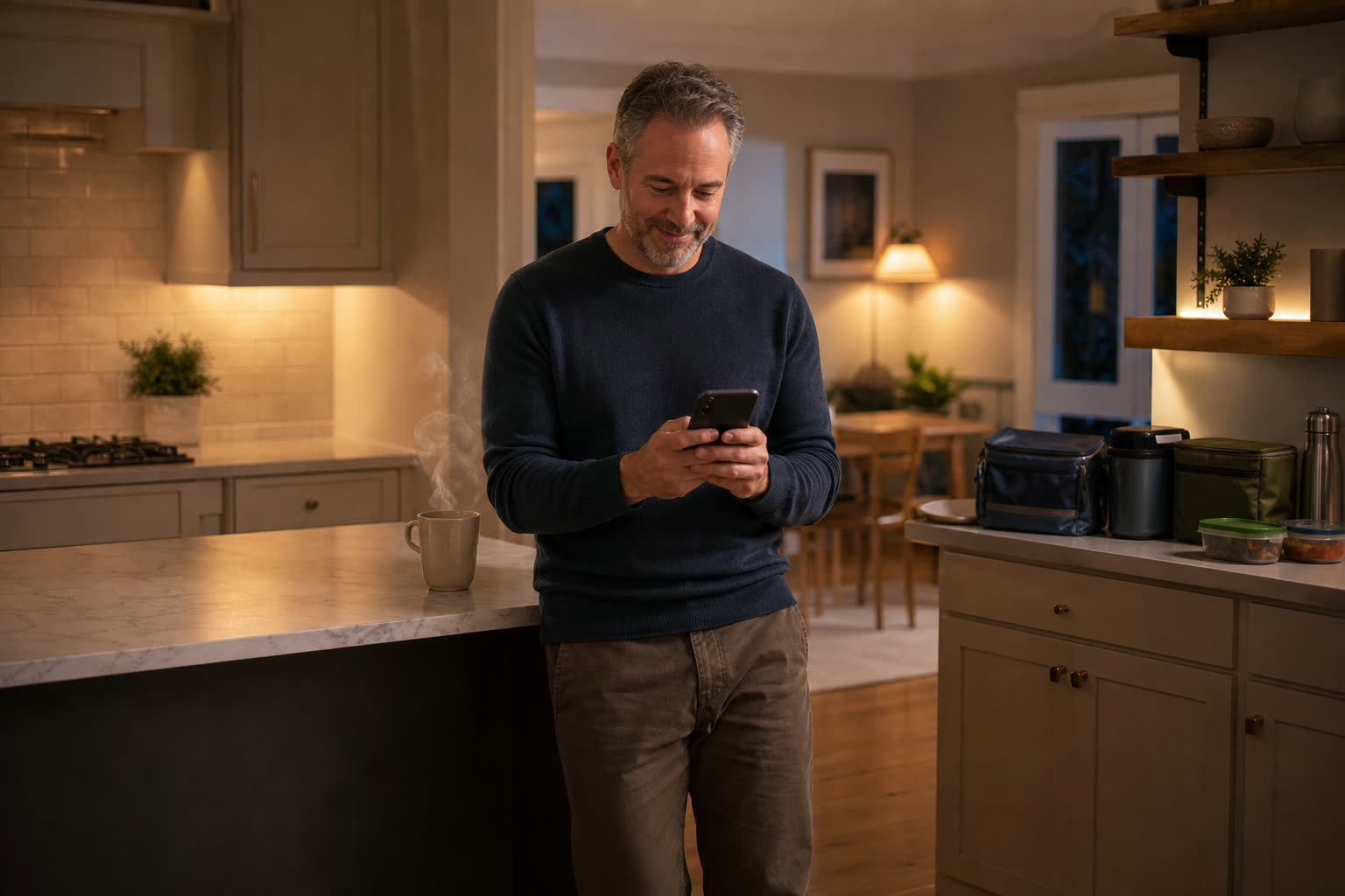 A father completing a short questionnaire on his phone at the kitchen counter after bedtime