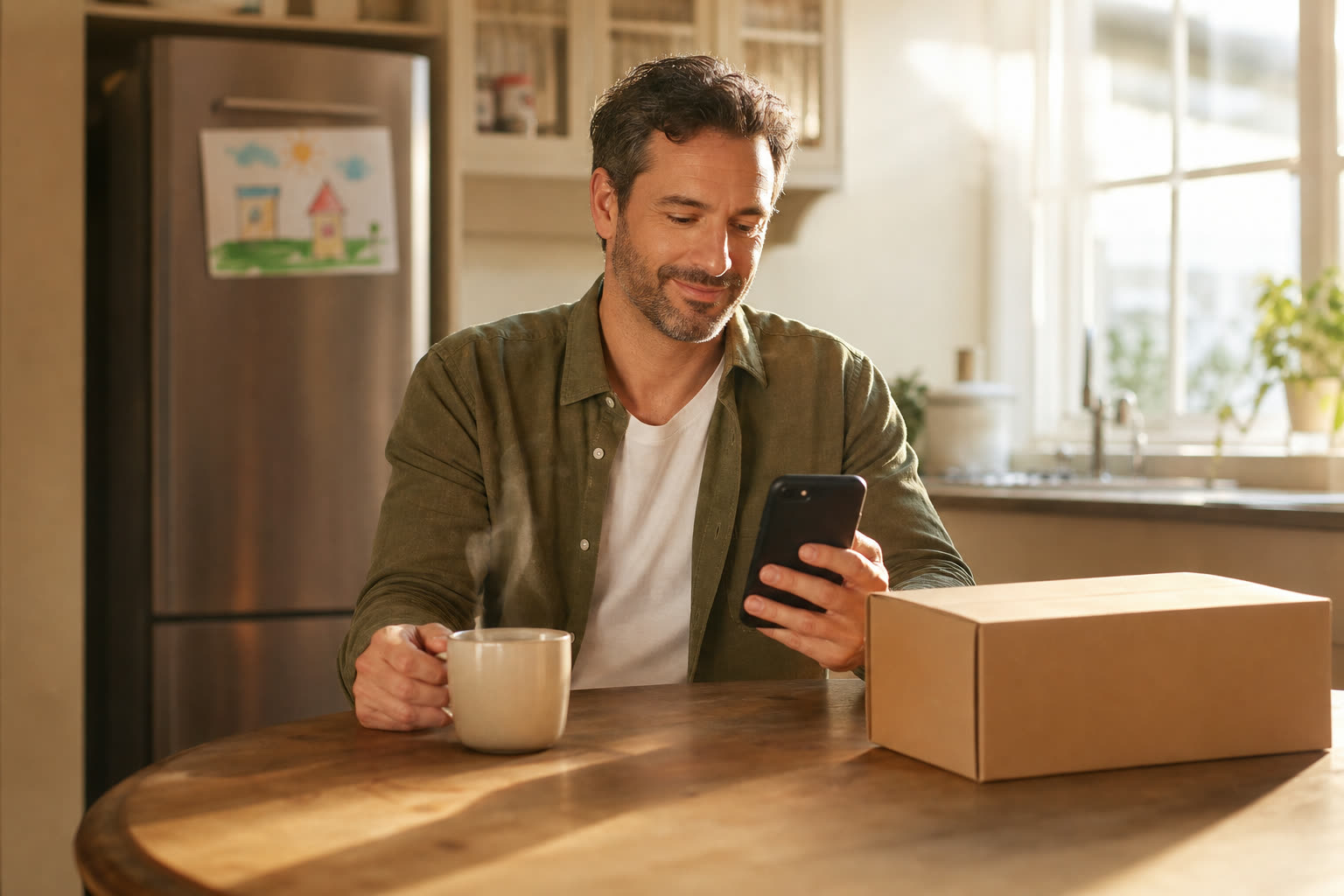 A father reading a message at a sunlit kitchen table beside a plain unmarked delivery box