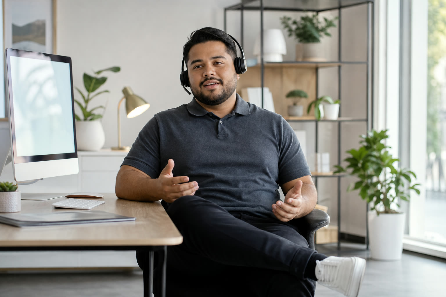 A mid-20s man with a plus-size build with a headset in a bright modern care office, mid-reassuring-sentence, kind eyes