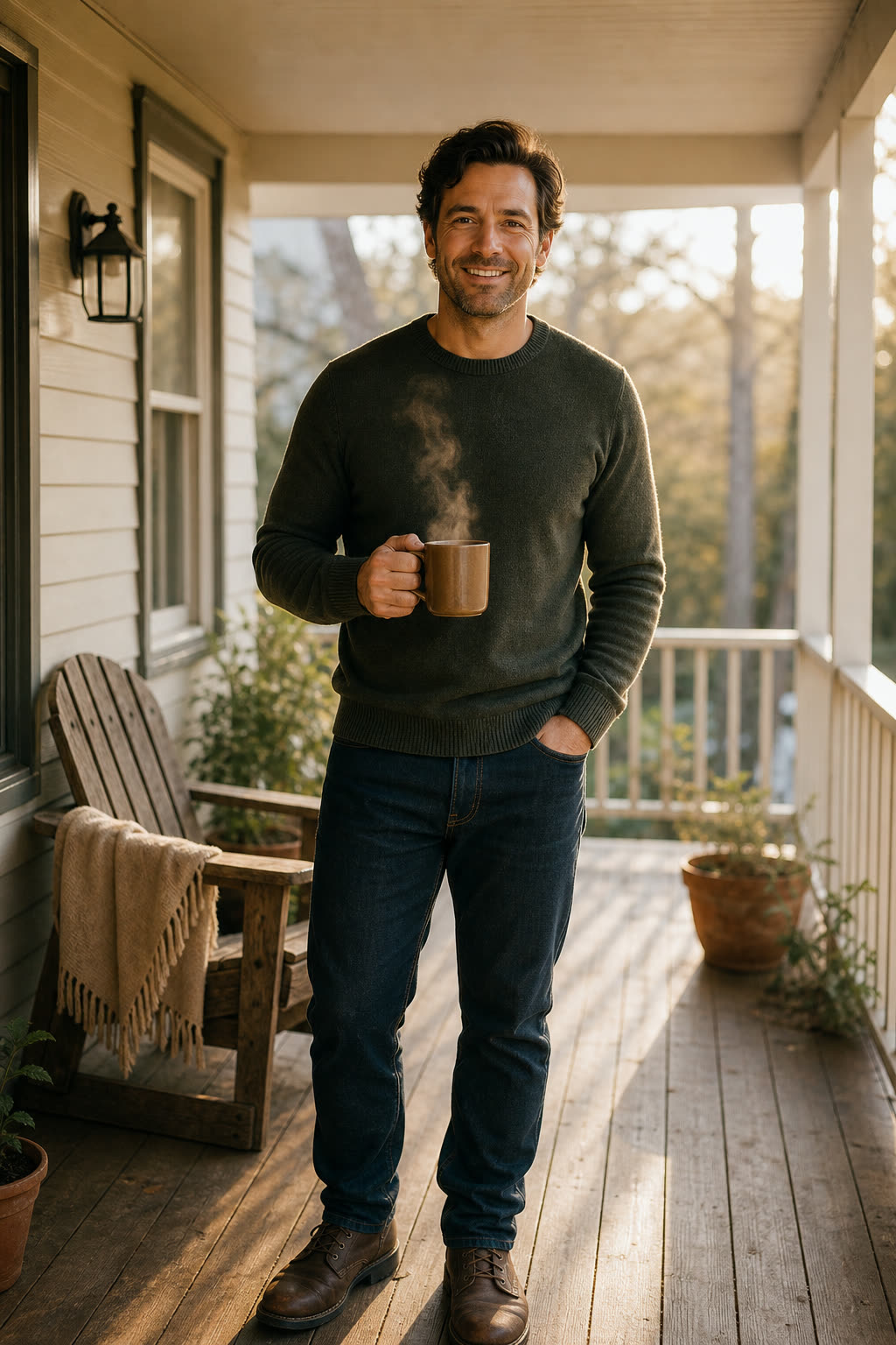 A man with thick dark hair grinning easily on a morning porch with coffee