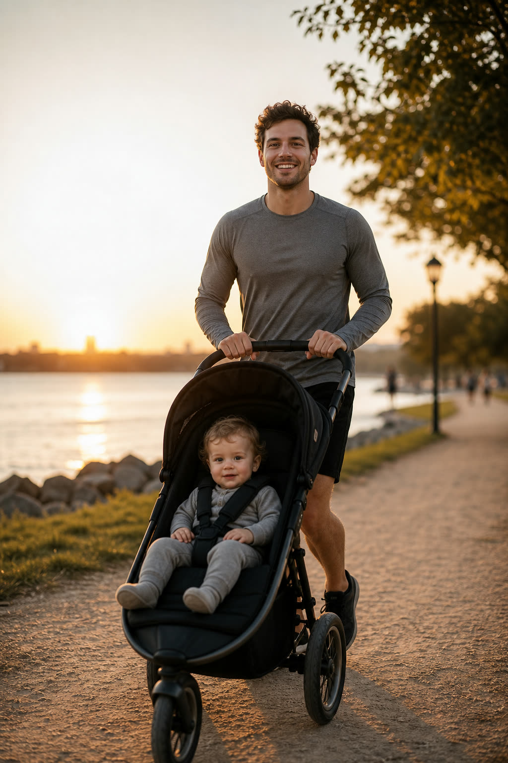 A young dad with a strong mid-change build jogging with a stroller at dawn