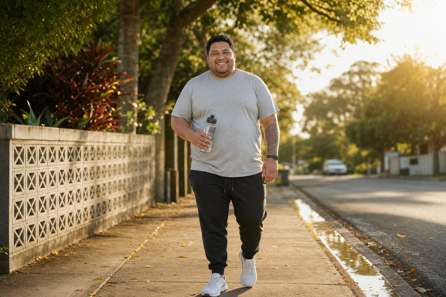 A heavier man mid-journey walking a neighborhood street with purpose and a wide smile
