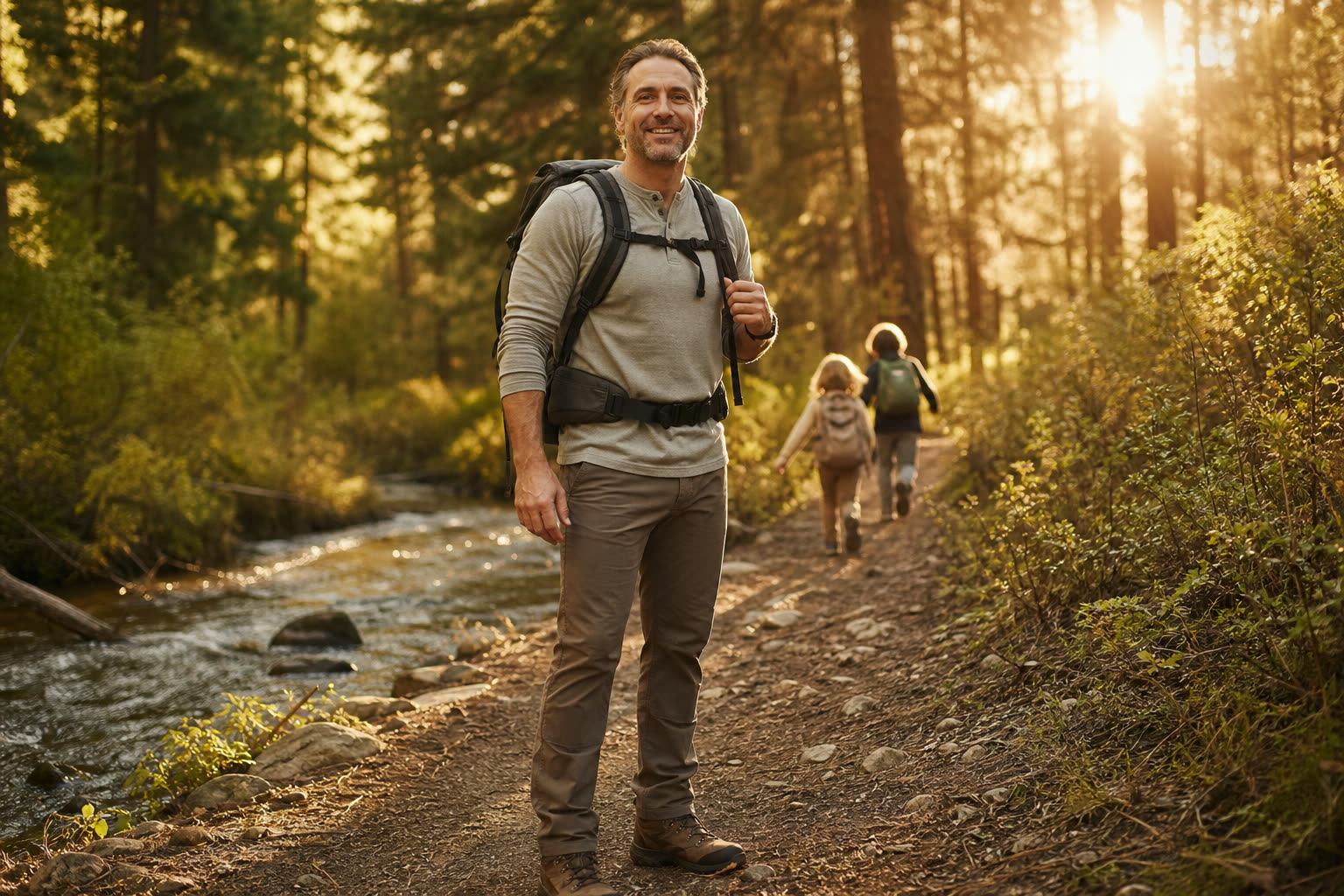 A father hiking a morning trail with the family day-pack, kids ahead on the trail