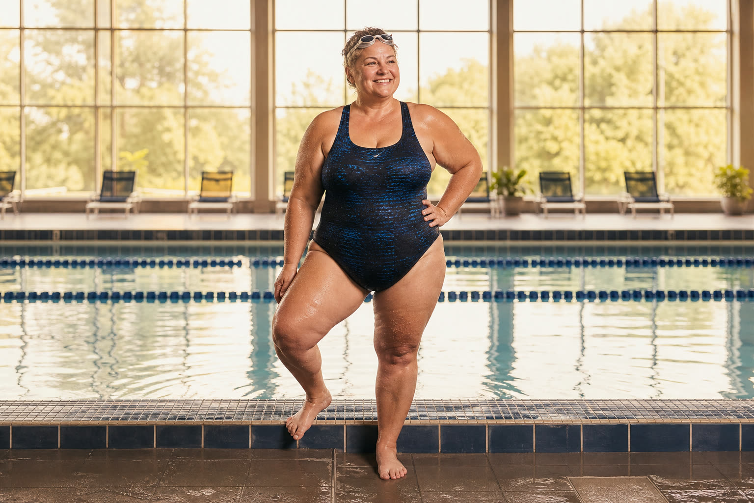 A early 50s woman with a plus-size build resting at a pool edge after laps, goggles pushed up, glowing