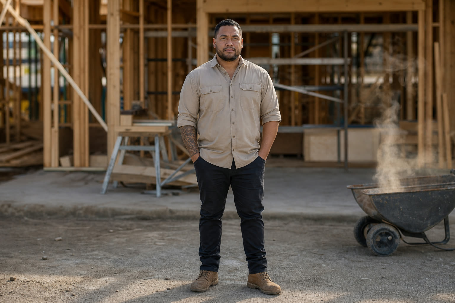 The same man in a work shirt in flat midday light on the job, focused and steady