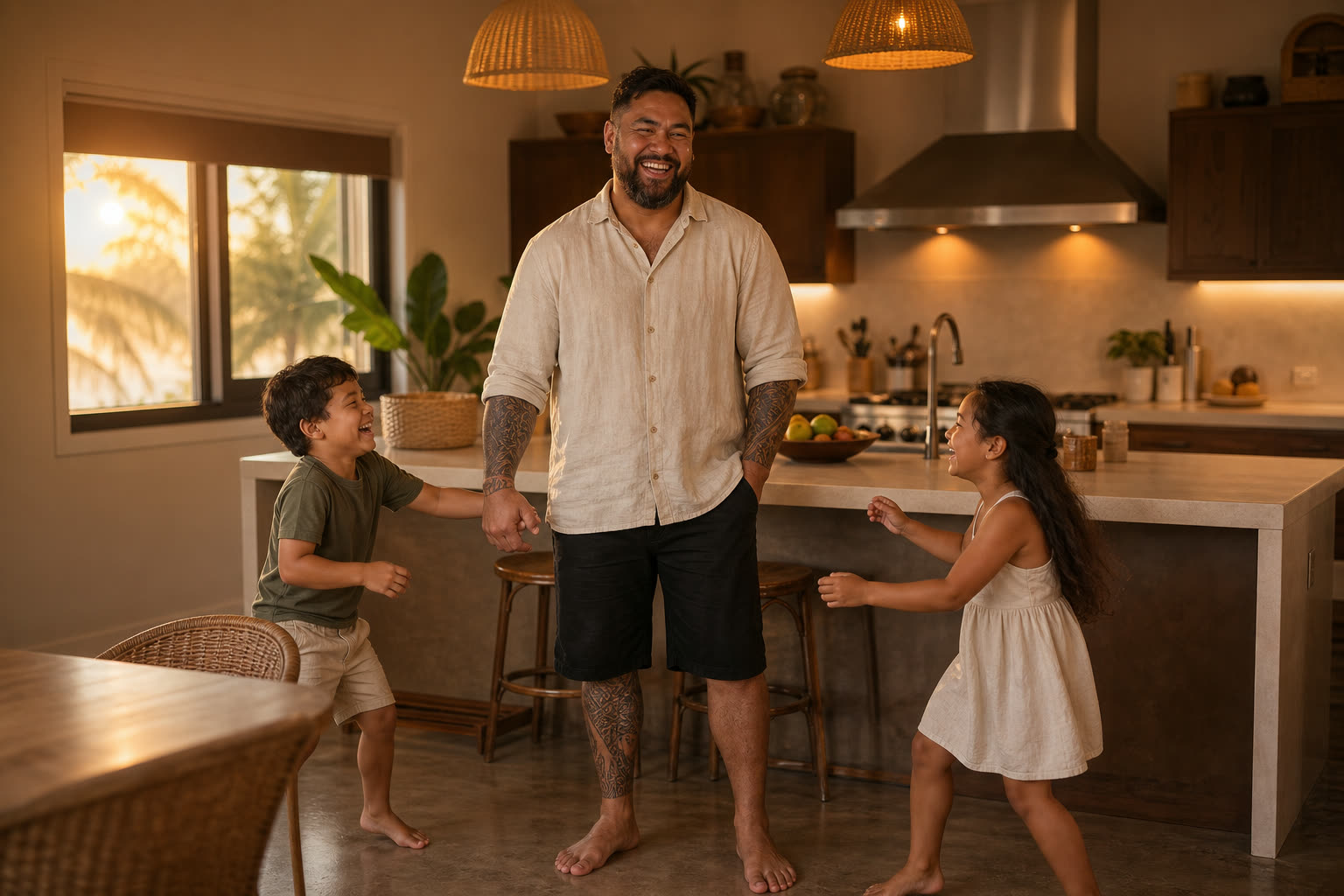 The same man home in the golden evening, laughing with his kids in a warm kitchen