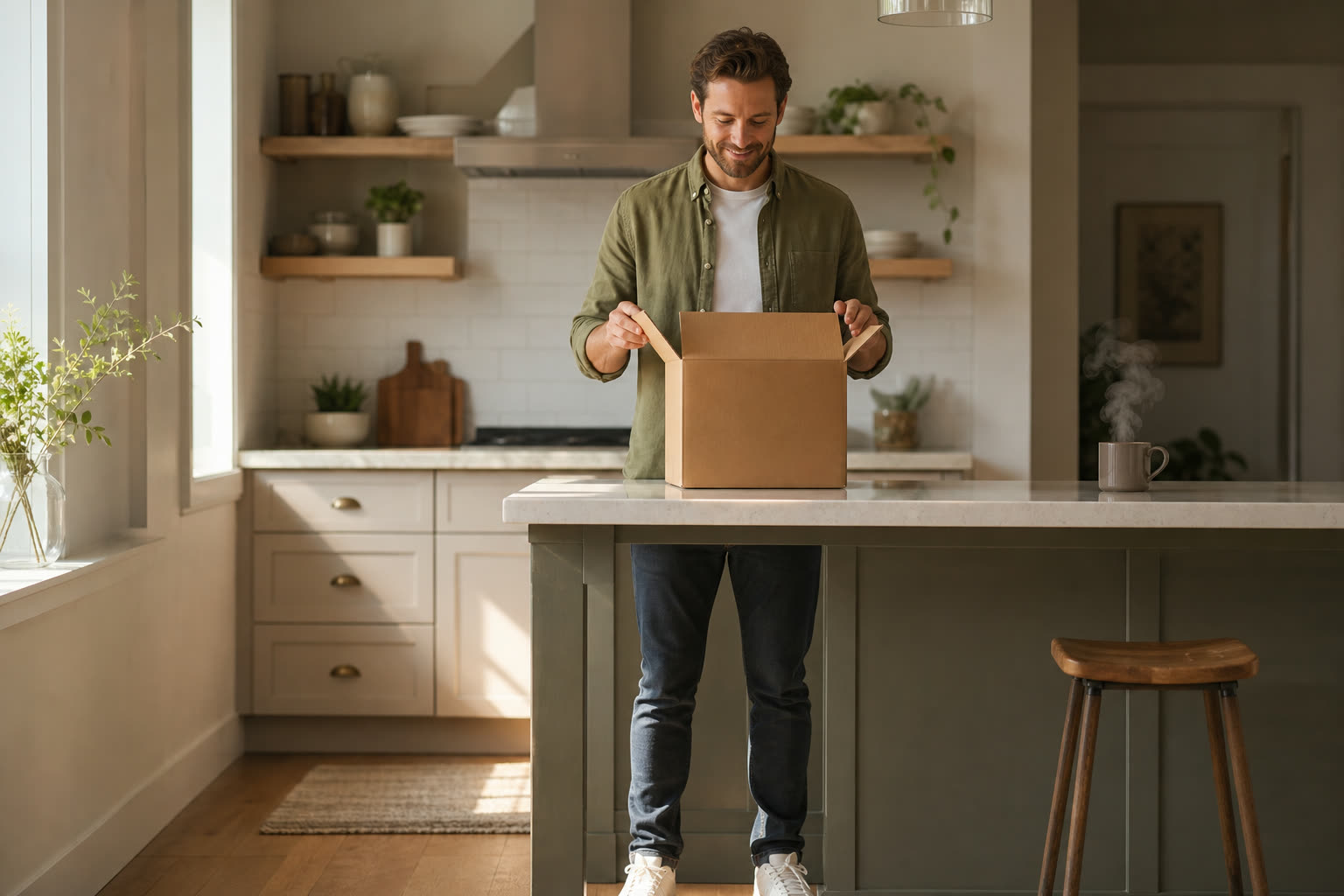 A man opening a plain unmarked delivery box at his kitchen counter in warm light
