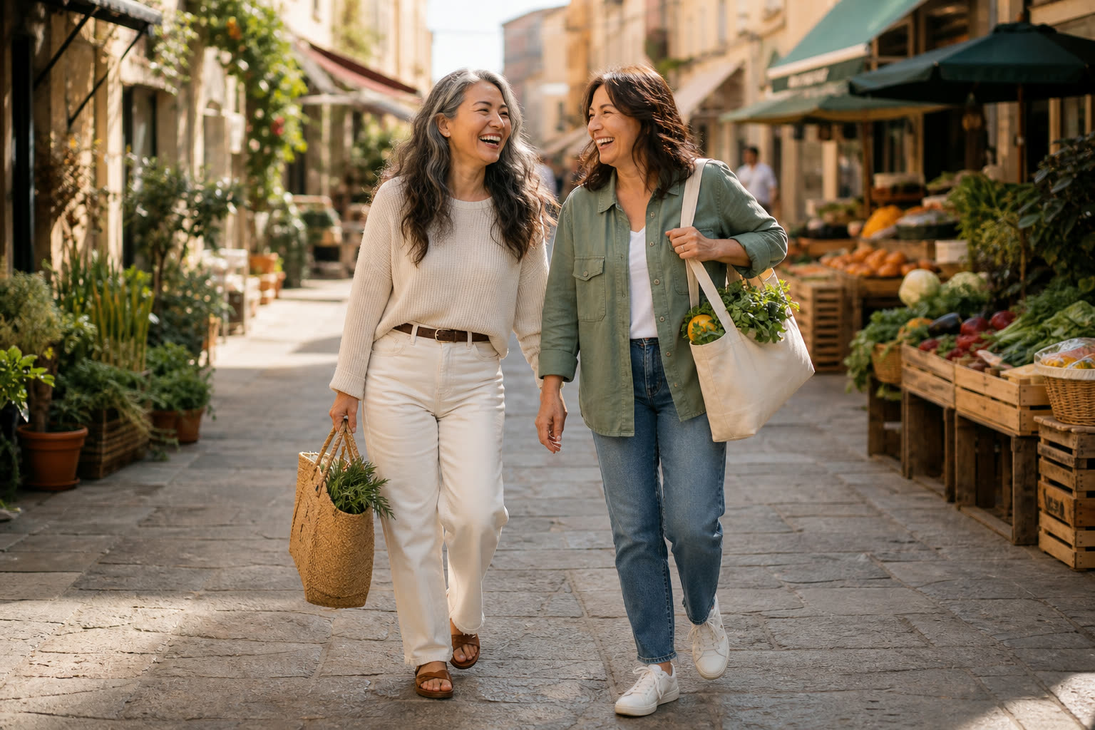 Two friends walking a sunlit market street, one carrying a tote of fresh produce