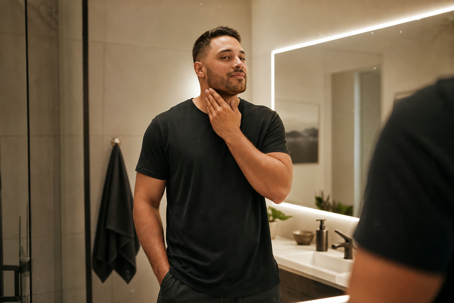 A late 20s man with a broad-shouldered stocky build admiring a fresh cut in a bright mirror, hand at their jawline
