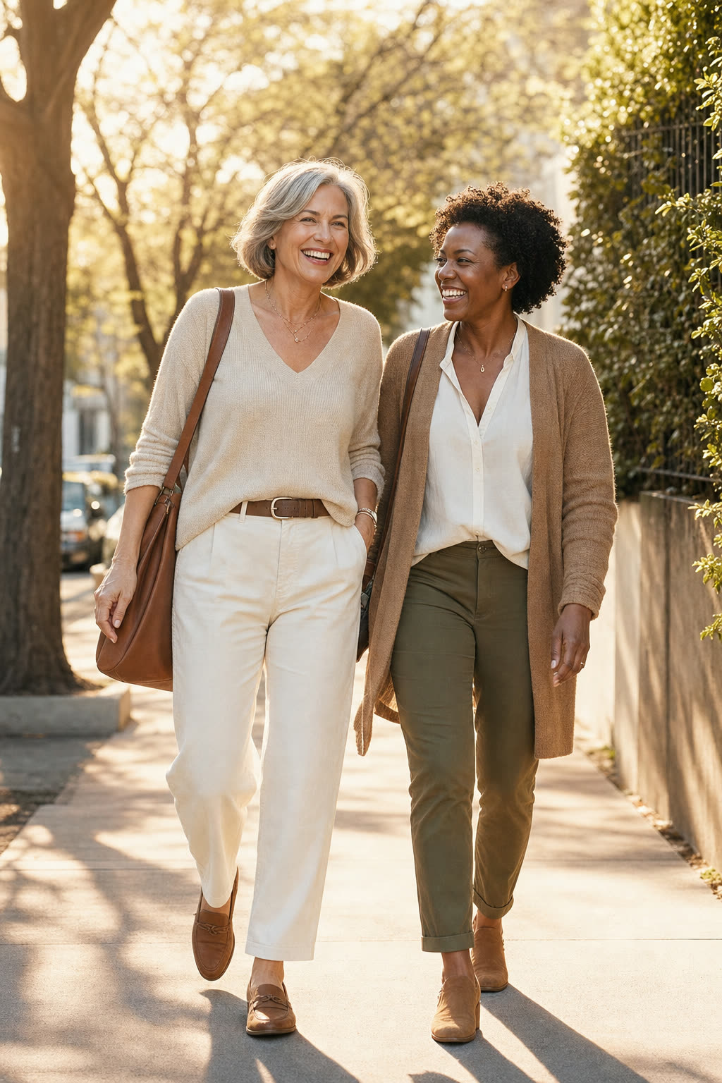 Two friends laughing together mid-walk on a tree-lined street in golden morning light