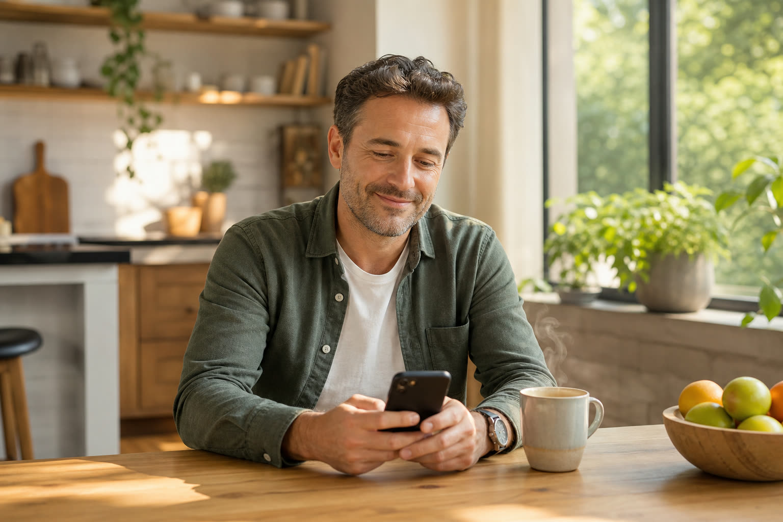 A man at a sunny kitchen table completing a short questionnaire on his phone