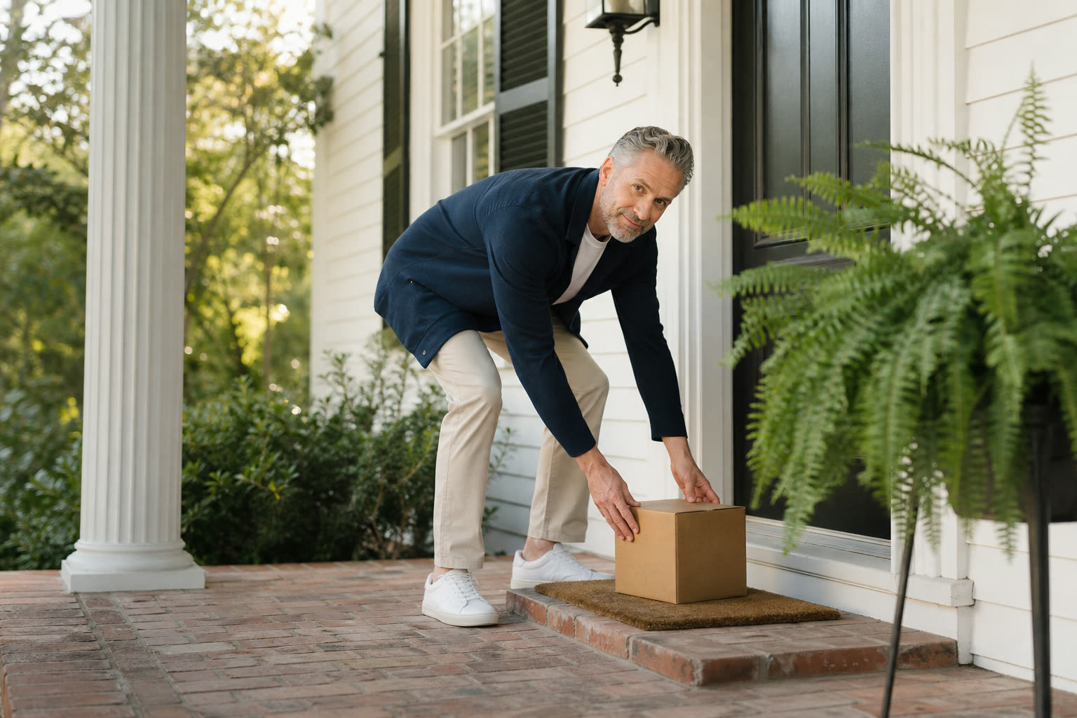 A 60s man with a lean build picking up a discreet package from their doorstep in morning light
