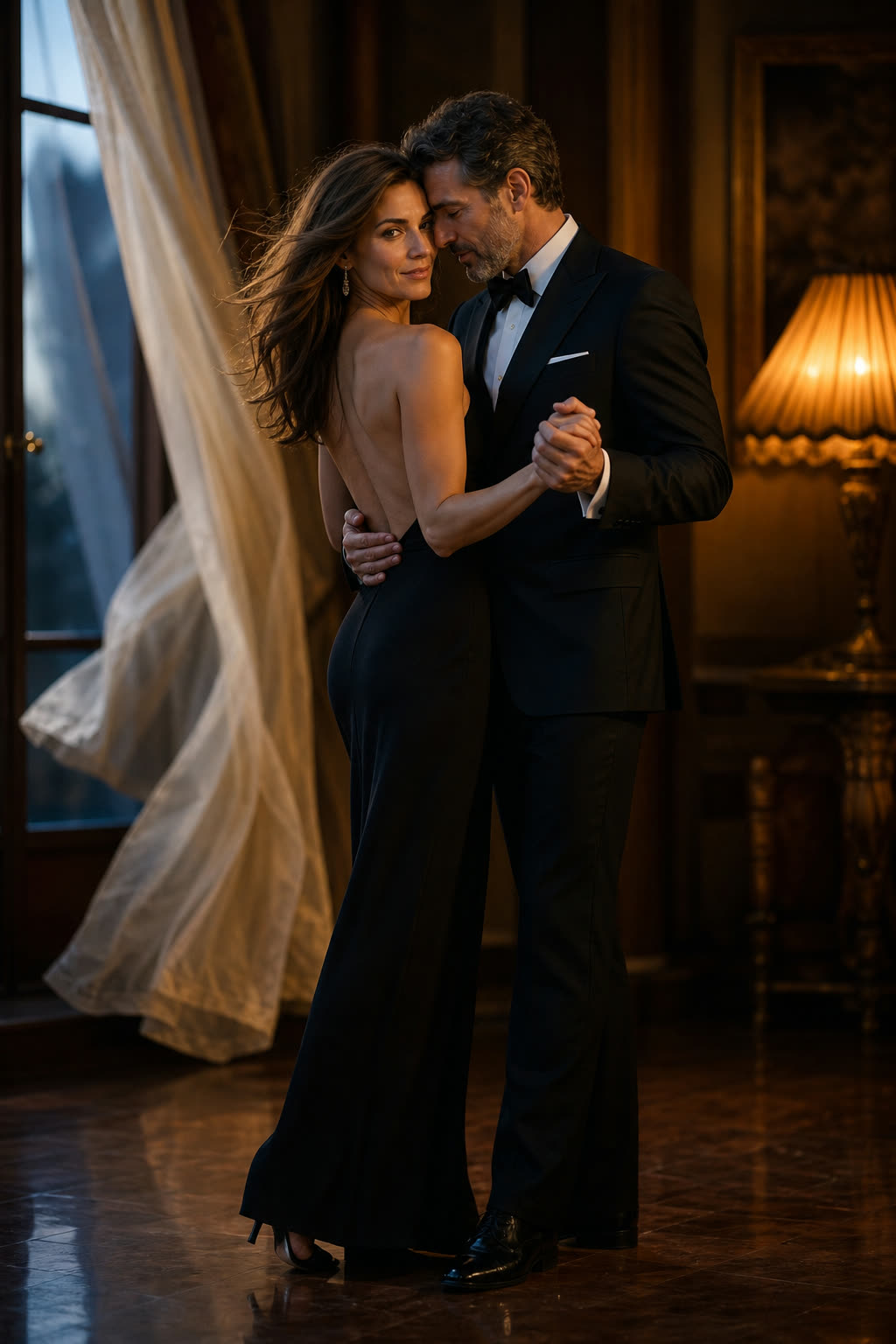 An elegant couple dancing close, foreheads touching, by warm lamplight