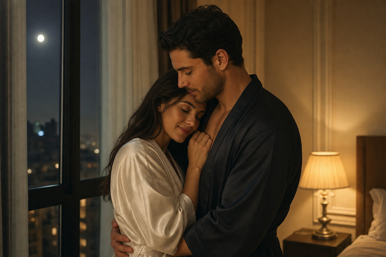 An elegant couple dancing cheek to cheek in a softly lit evening kitchen