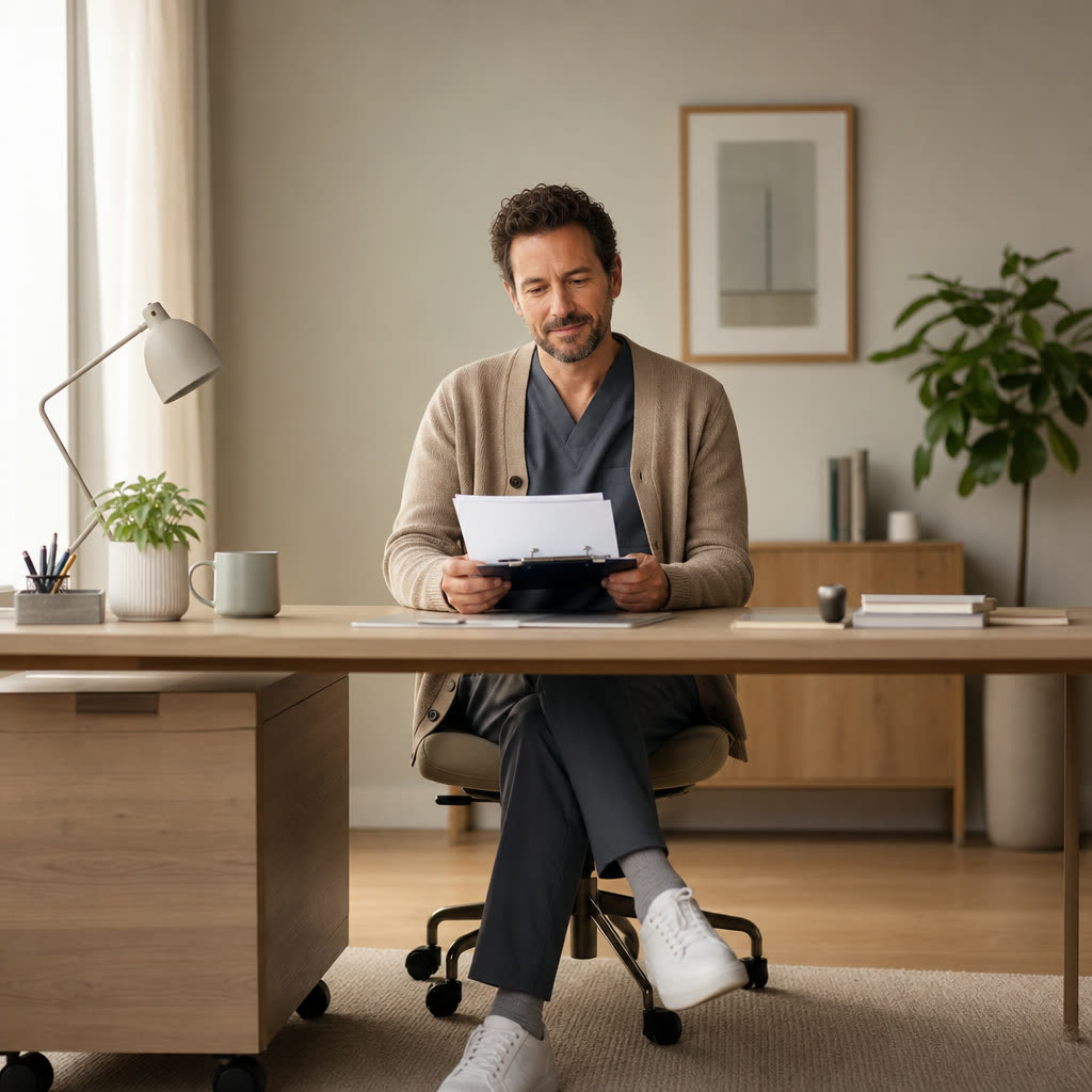 A clinician in a cardigan reviewing notes at a tidy desk in soft light