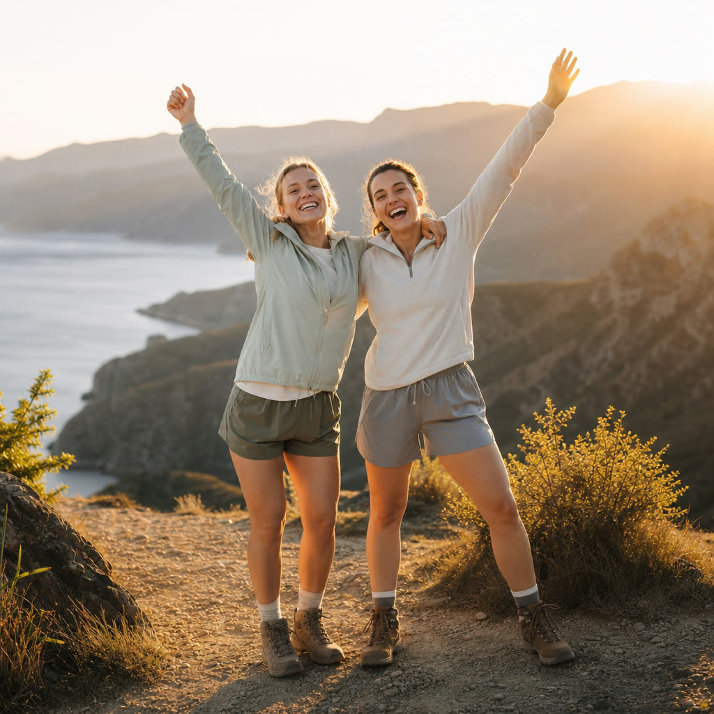 Two friends raising their arms in playful triumph at a sunrise overlook