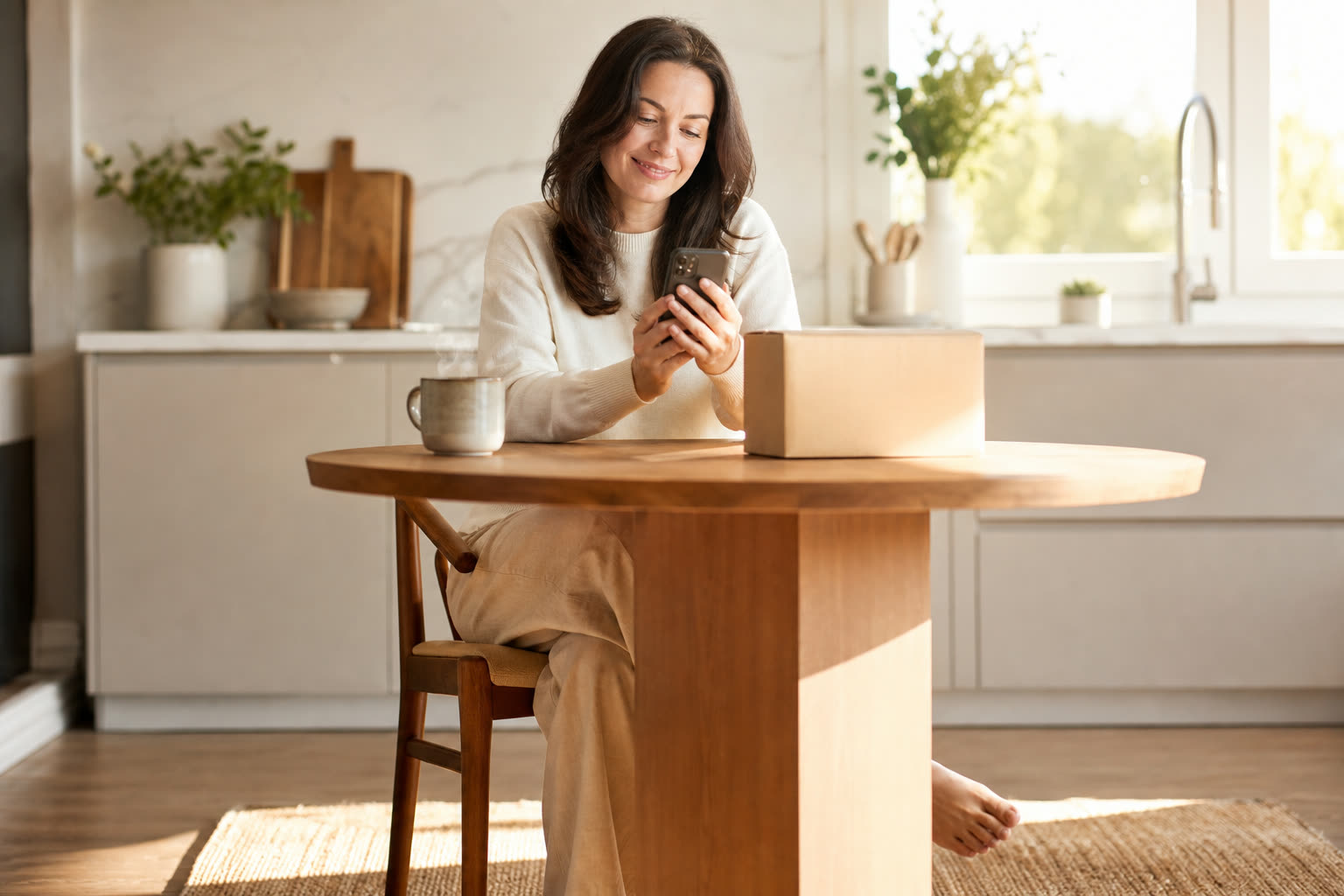 A woman reading a message at a sunlit kitchen table beside a plain unmarked delivery box