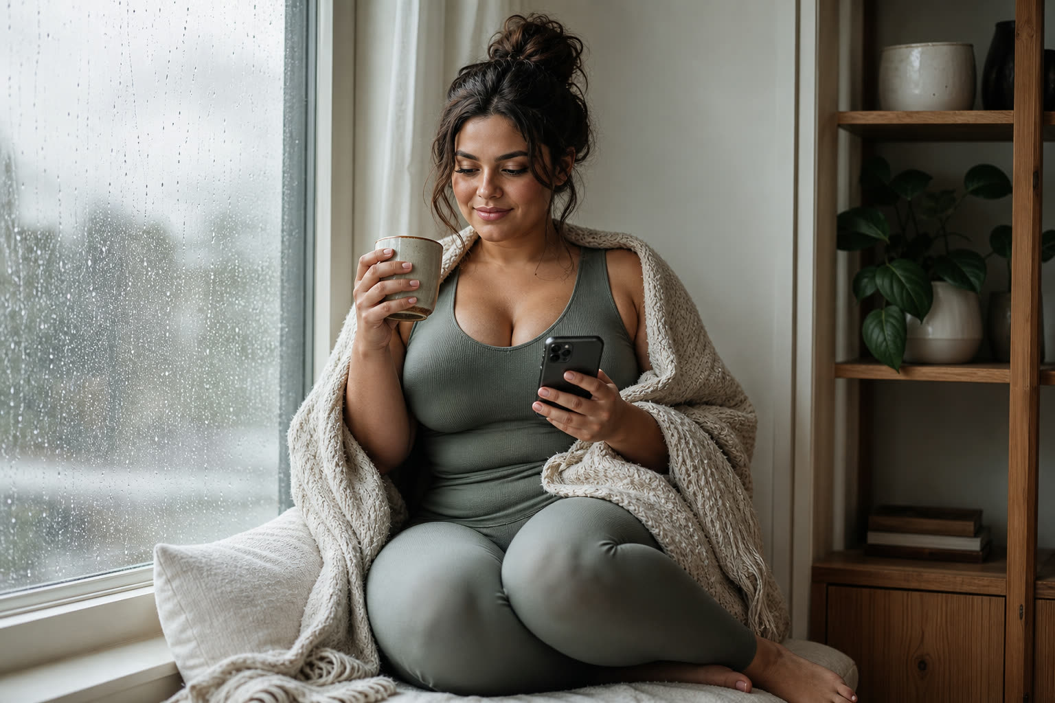 A late 20s woman with a curvy hourglass build wrapped in a blanket with tea, texting their care team from a window seat