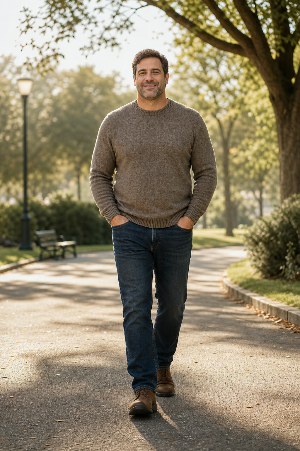 A sturdy man walking through a morning park with an easy confident smile
