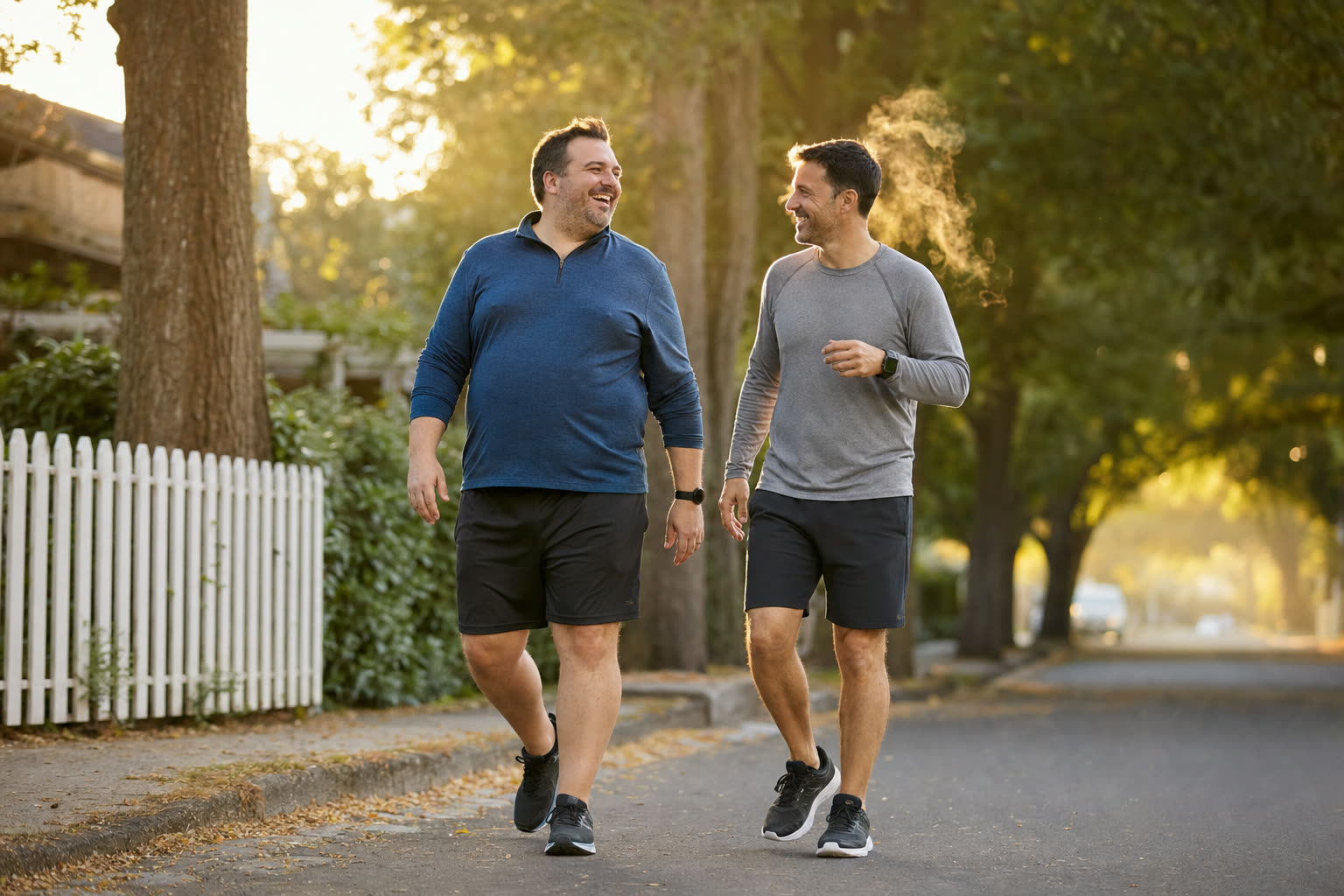 A heavier man mid-journey laughing on a morning walk with a friend beside him