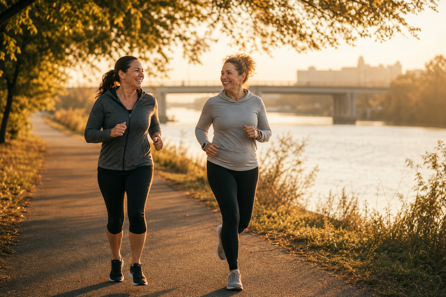 Two friends laughing as they jog side by side on a sunrise riverside path