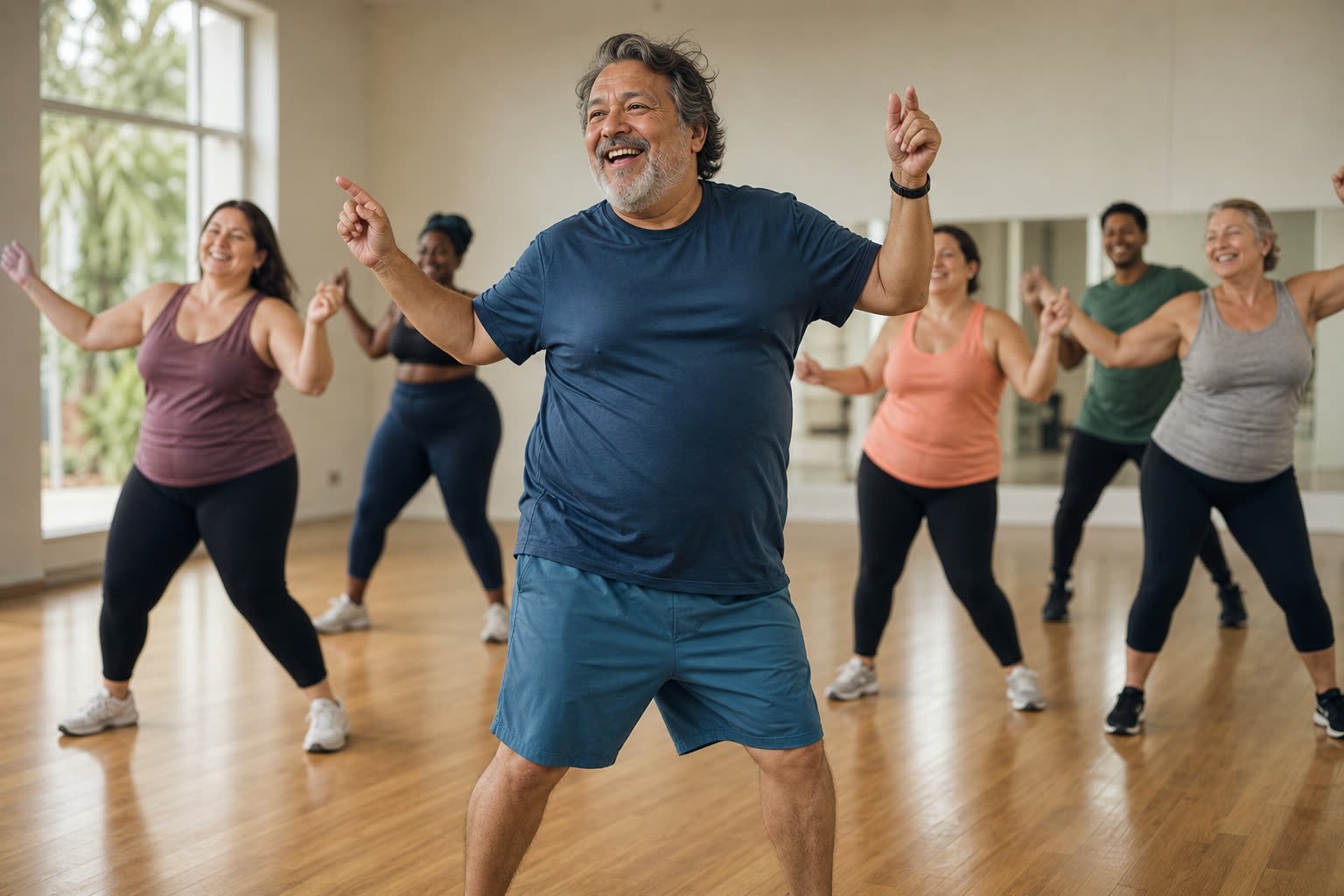 A 60s man with a soft curvy build mid-laugh in a dance workout class, arms raised