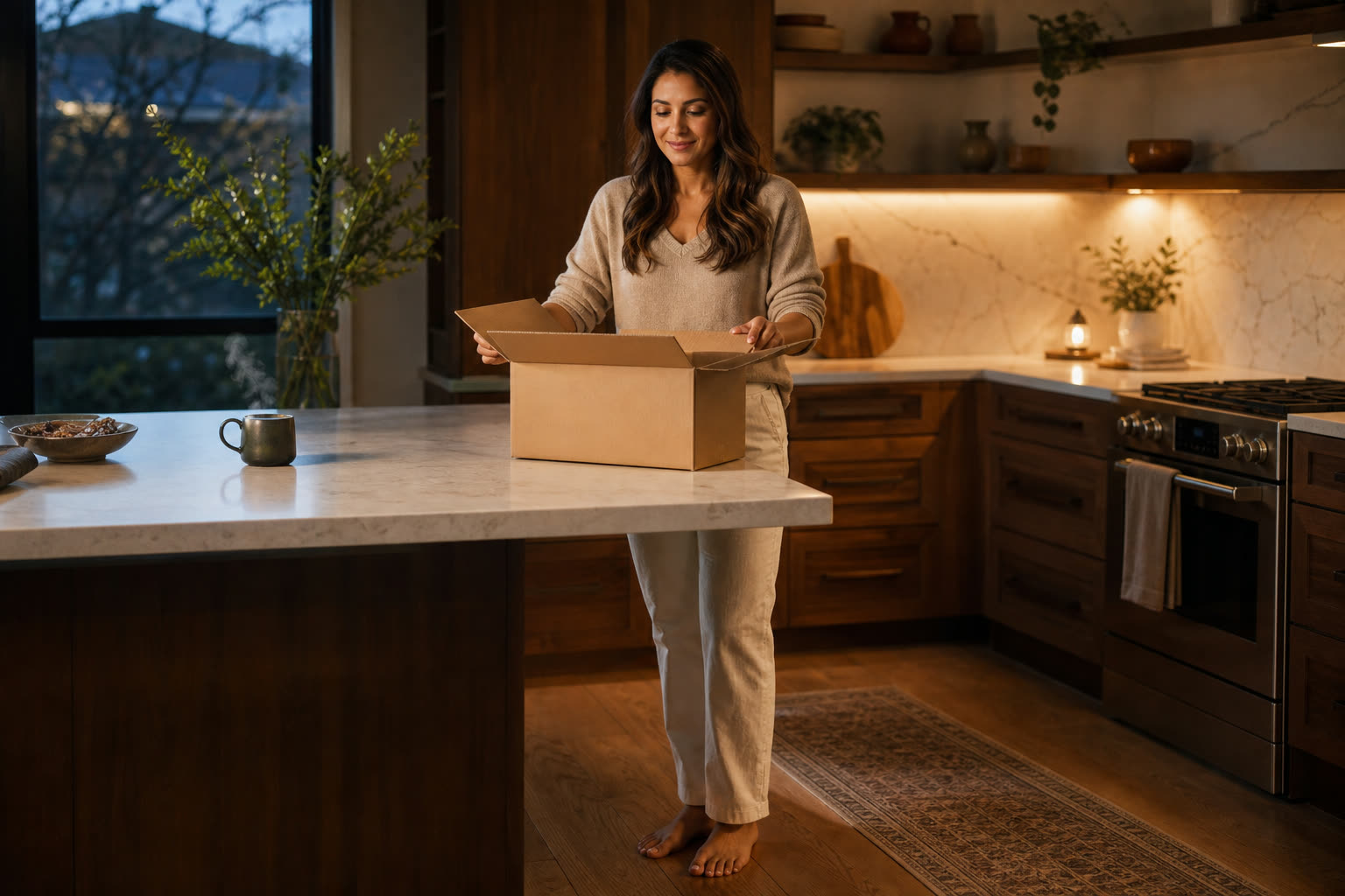 A woman opening a plain unmarked delivery box at her kitchen counter in warm light