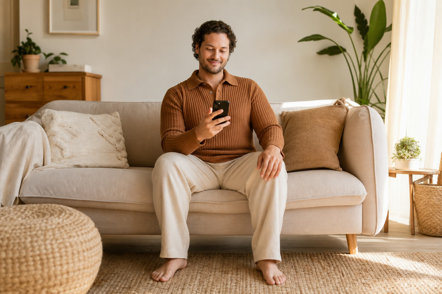 A early 30s man with a curvy hourglass build reviewing their care plan on a phone from a sunlit sofa, at ease