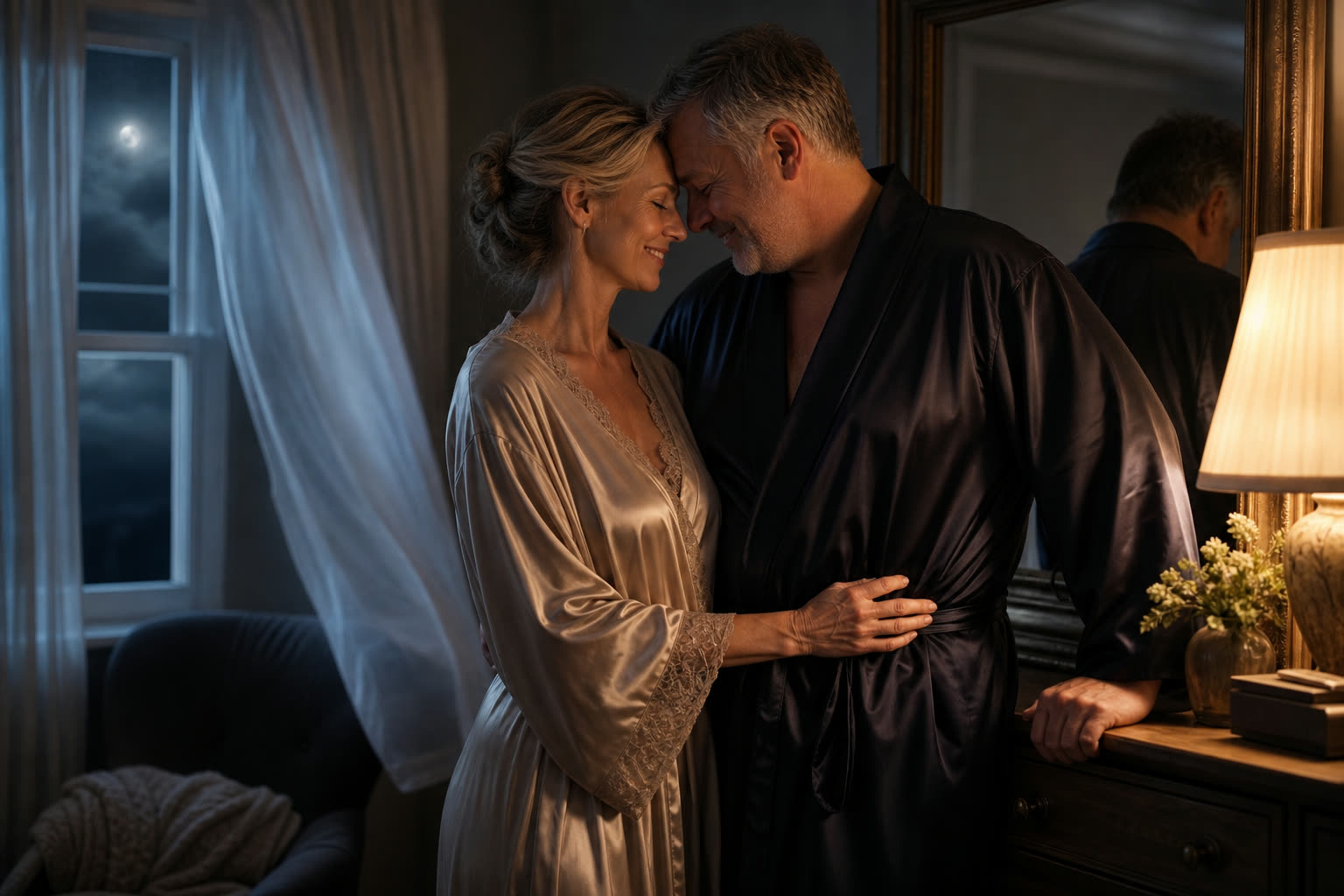 A couple sharing a quiet laugh beside the bedroom dresser in soft night light
