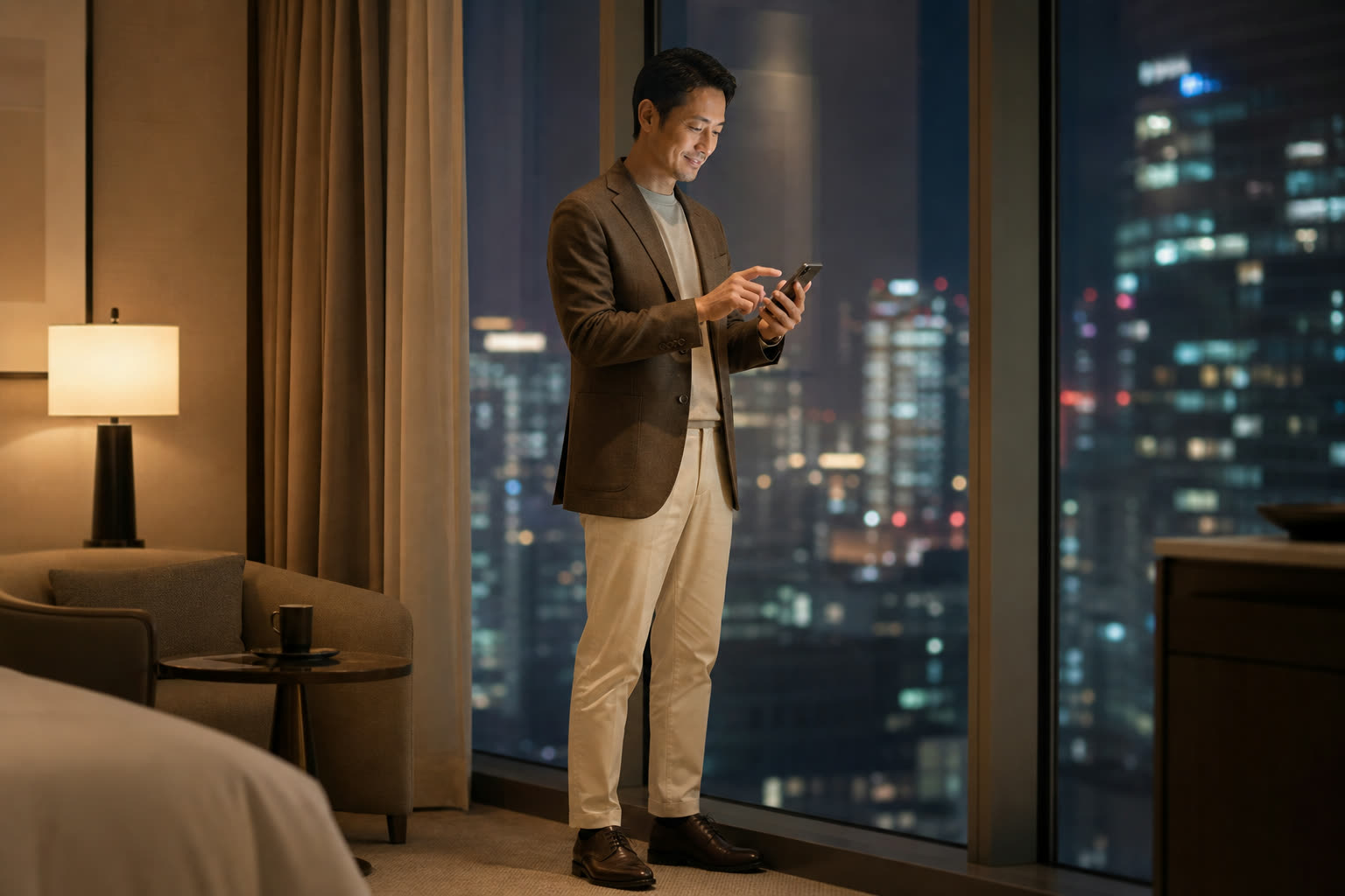 The same man at a night window tapping his phone once with a satisfied grin