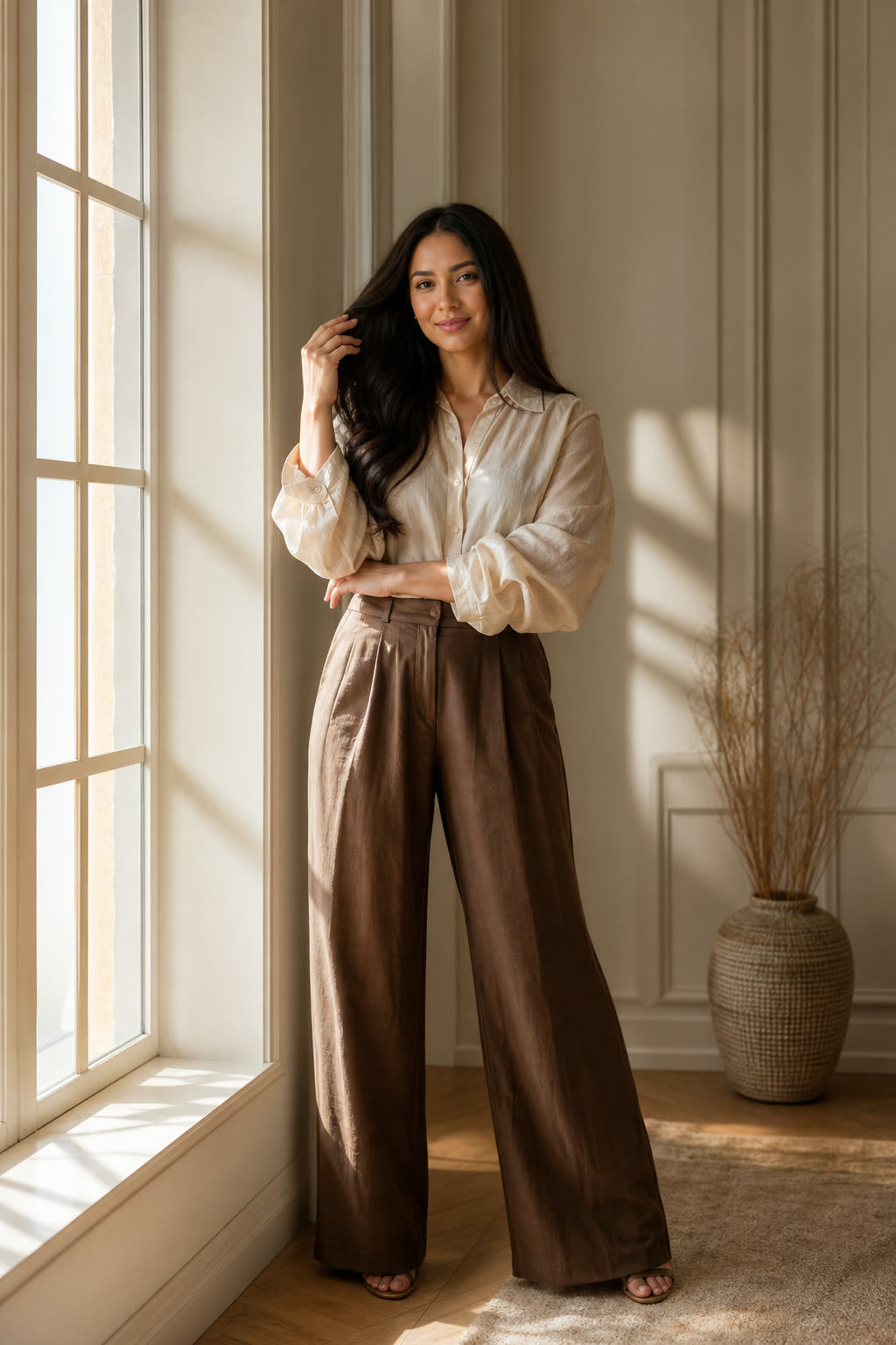 A woman with long glossy hair smiling serenely by a tall golden window