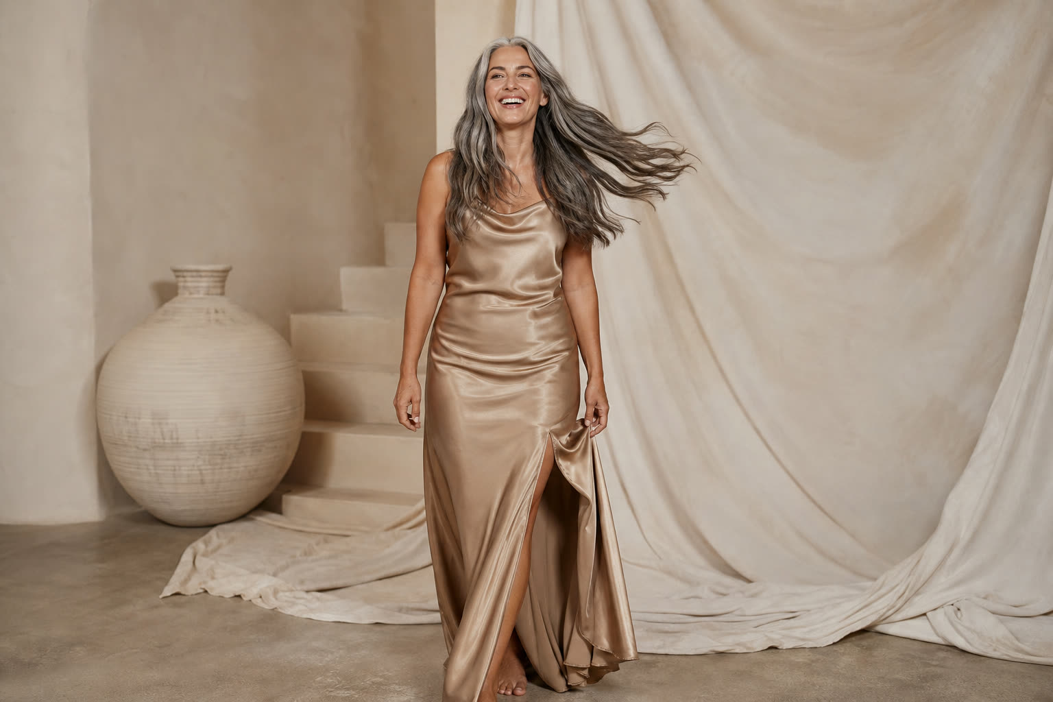 A woman in her 40s with long silver-streaked hair mid-swish, laughing