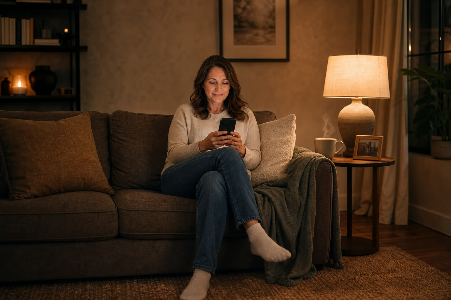 A woman on her sofa at night completing a short questionnaire on her phone