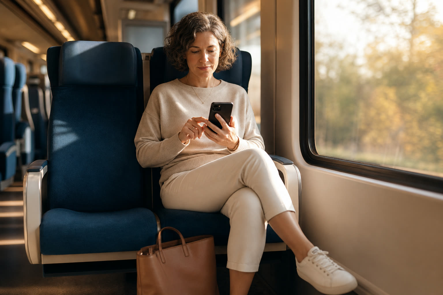A early 50s woman with a athletic build answering a short health questionnaire on a phone during a calm commute
