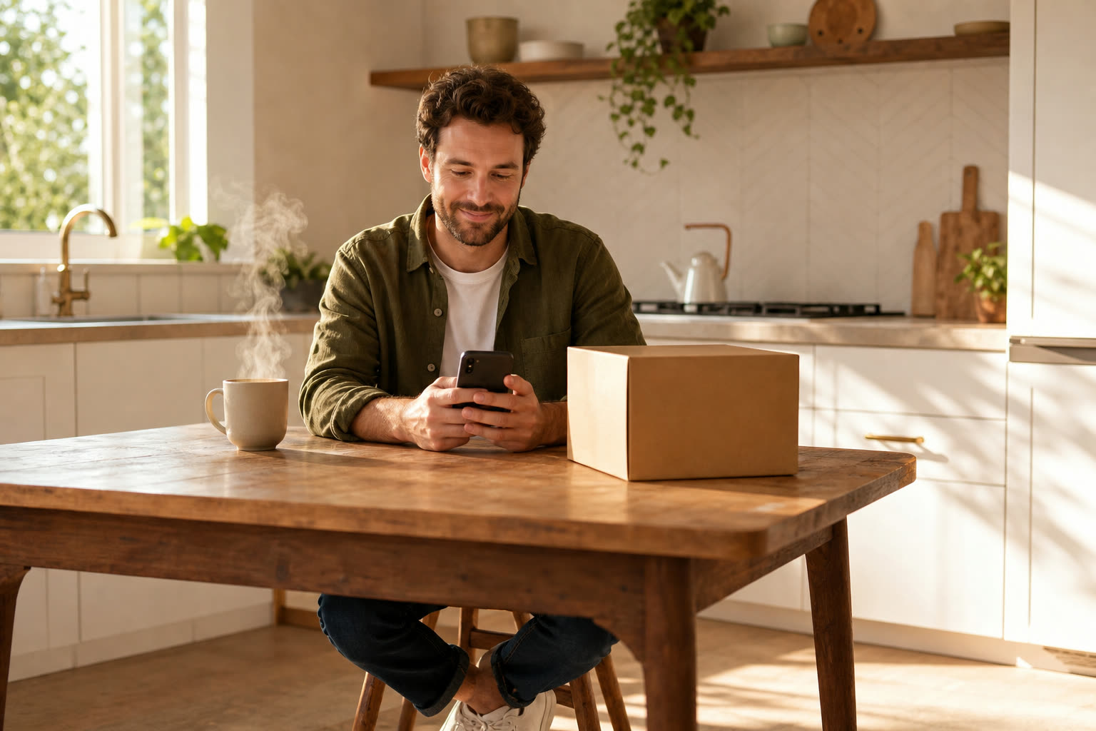 A man reading a message at a sunlit kitchen table beside a plain unmarked delivery box