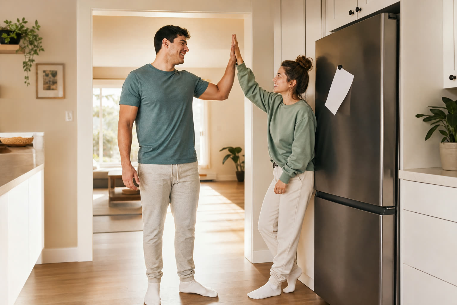 A mid-20s man with a broad-shouldered stocky build high-fiving their partner in the kitchen over a milestone note on the fridge