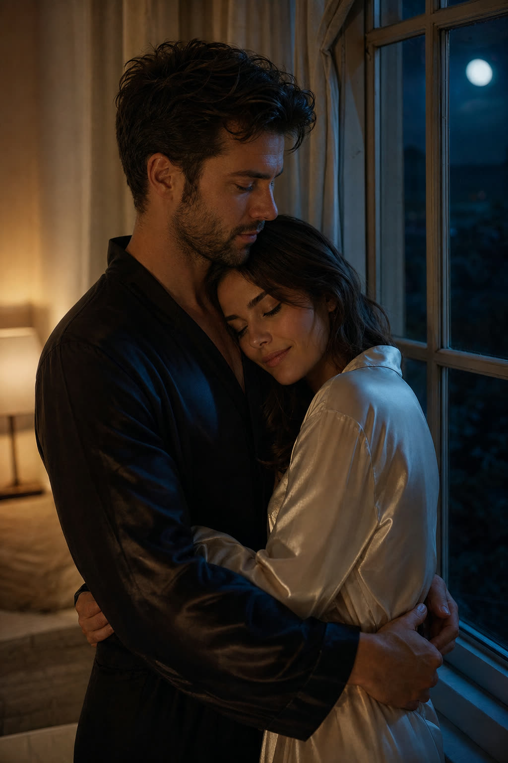 An elegant couple dancing cheek to cheek by a night window in warm rim light