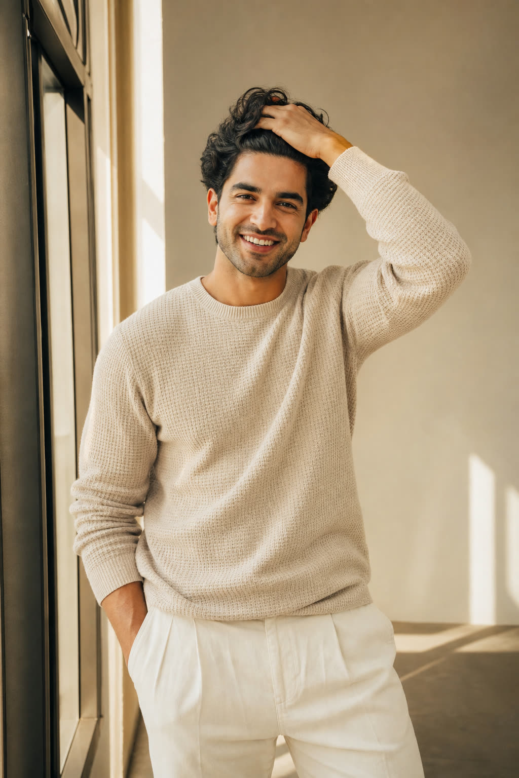 A grinning man running a hand through thick dark hair in morning light