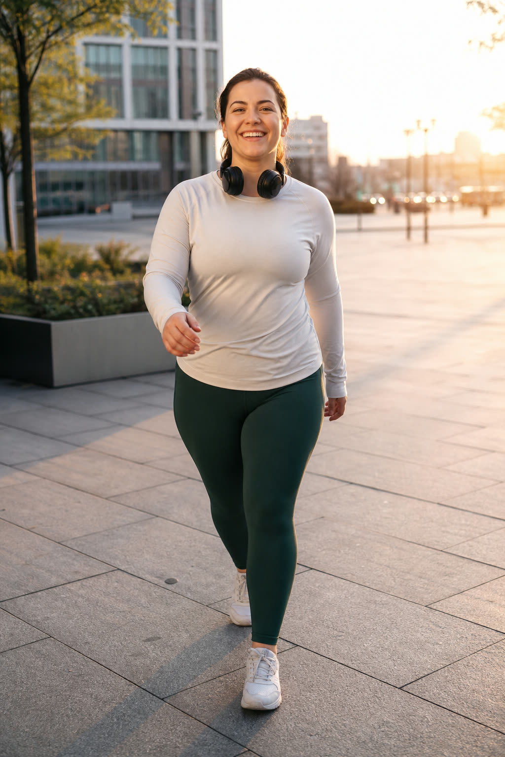 A joyful woman power-walking through a sunrise plaza, headphones around her neck