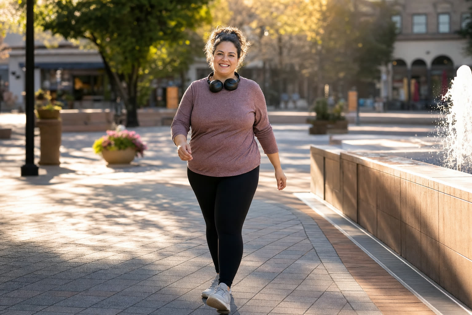 A heavier woman mid-journey power-walking a bright morning plaza with a big smile