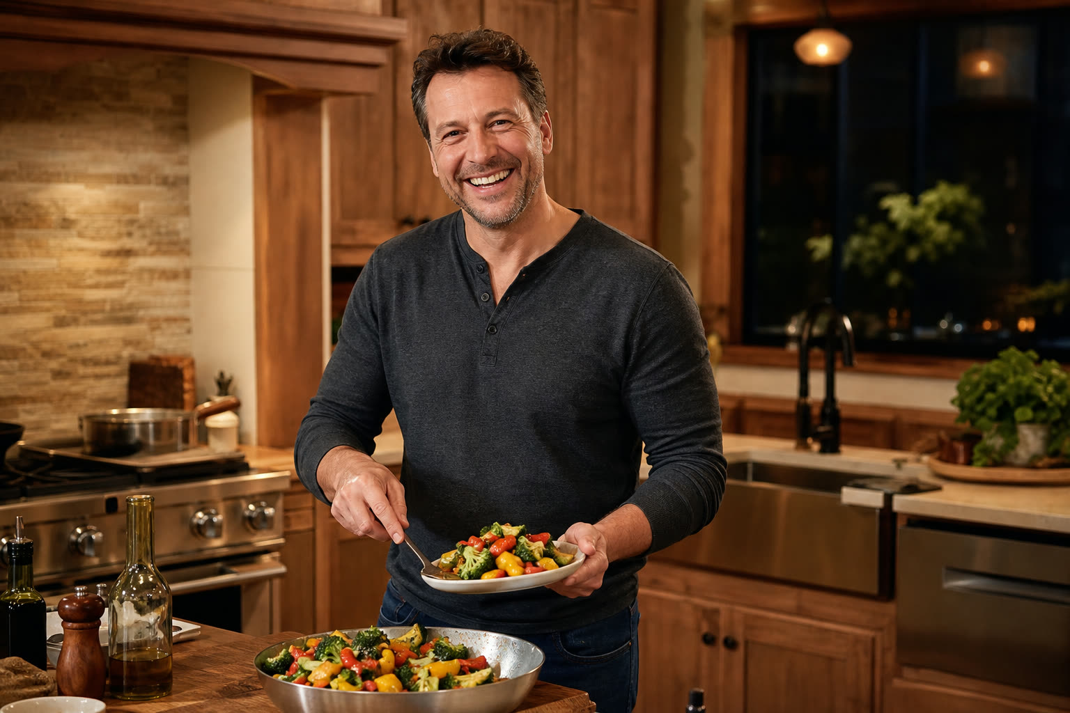 A laughing man plating a colorful healthy dinner in a warm evening kitchen