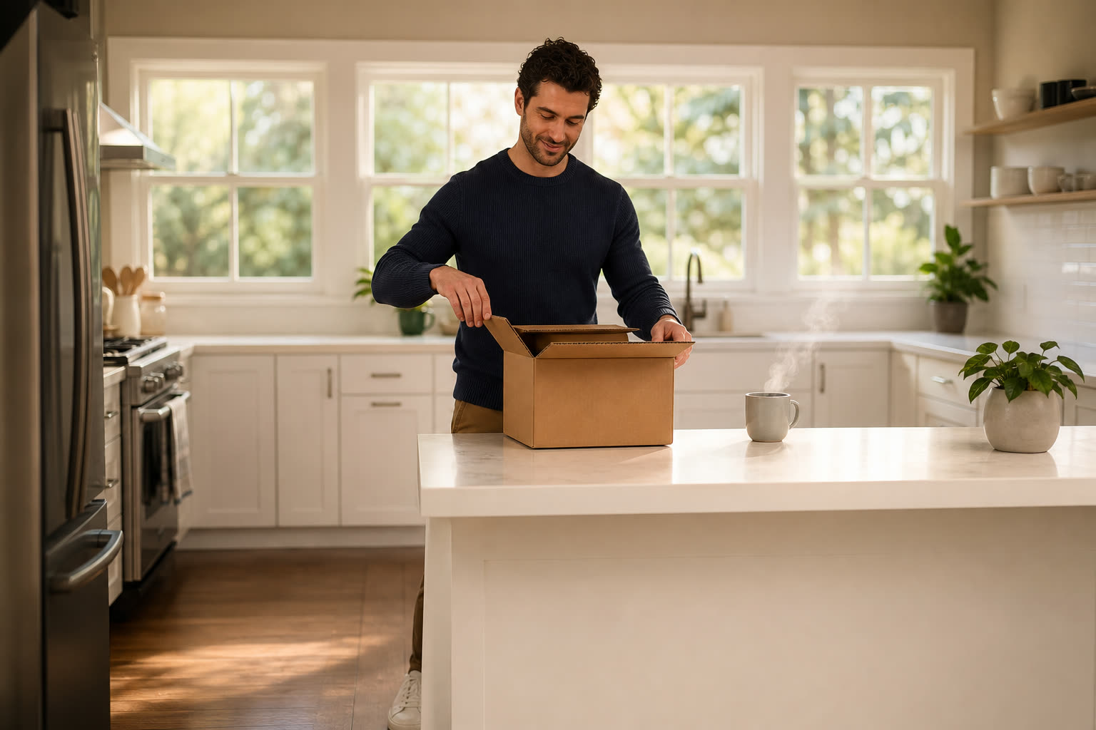 A man opening a plain unmarked delivery box at his kitchen counter, coffee steaming beside him