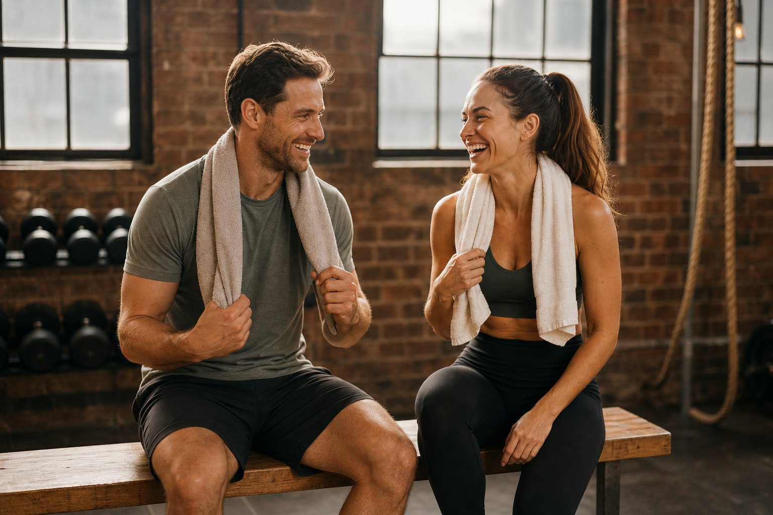 Two friends laughing on a gym bench between sets, towels over their shoulders