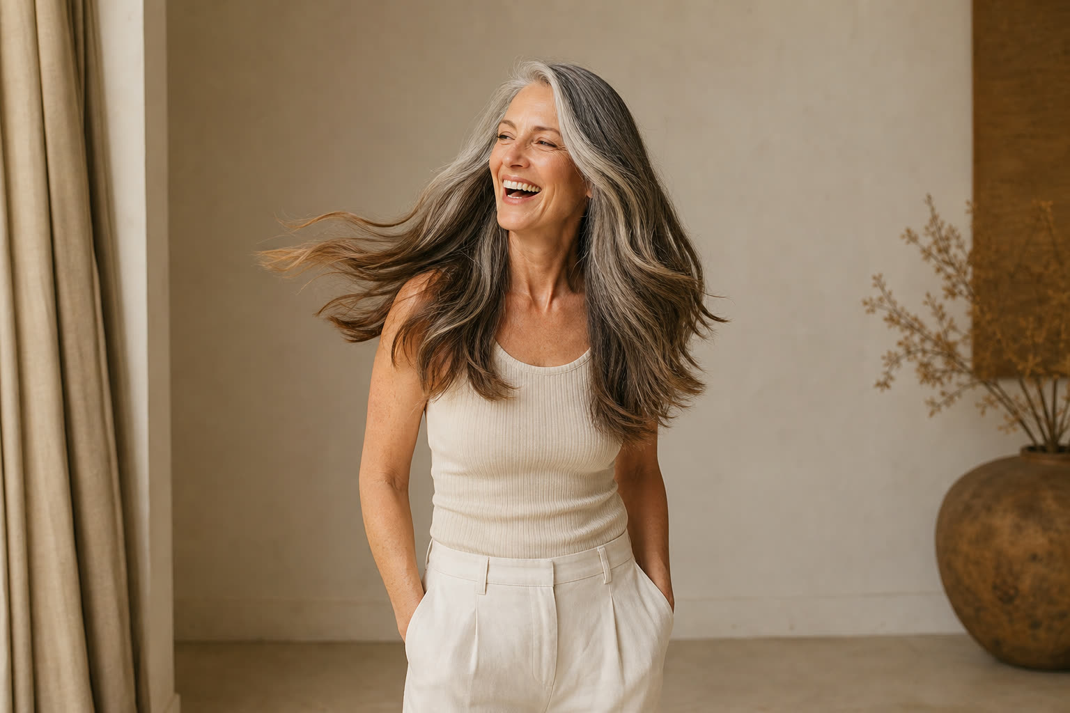 A woman in her 40s with long silver-streaked hair mid-swish, laughing