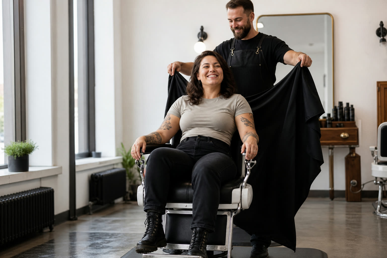 A early 30s woman with a broad-shouldered stocky build leaning back in a barber chair as the cape is pulled away, grinning