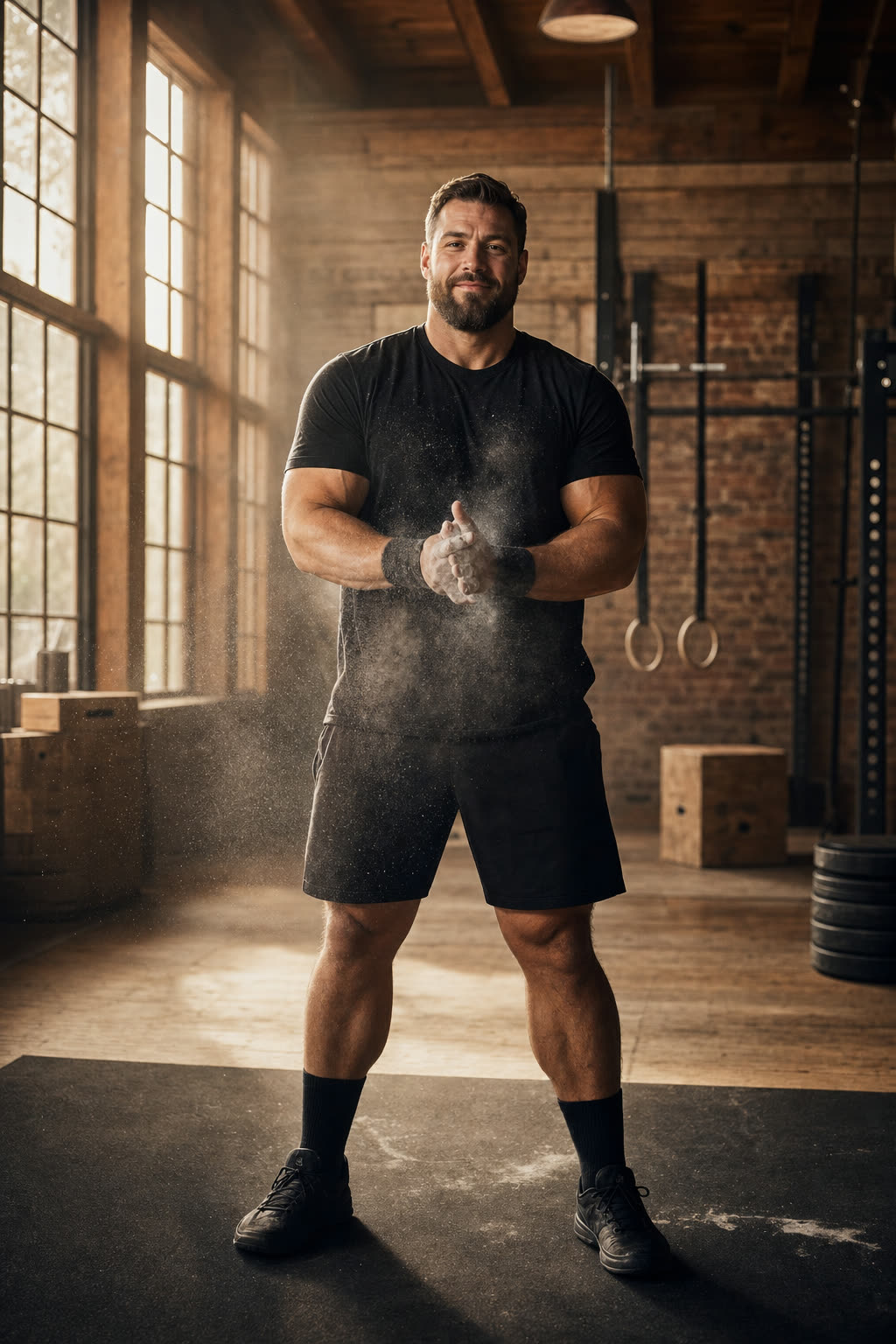 A broad man chalking his hands in a warm gym as storm light breaks through tall windows
