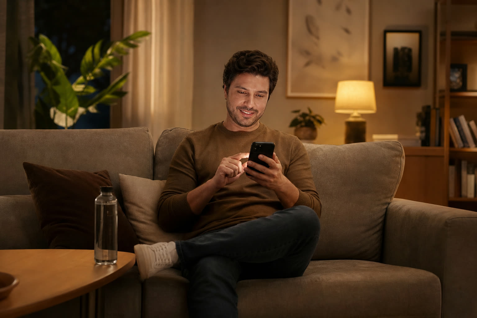 A man on his sofa in the evening completing a short questionnaire on his phone