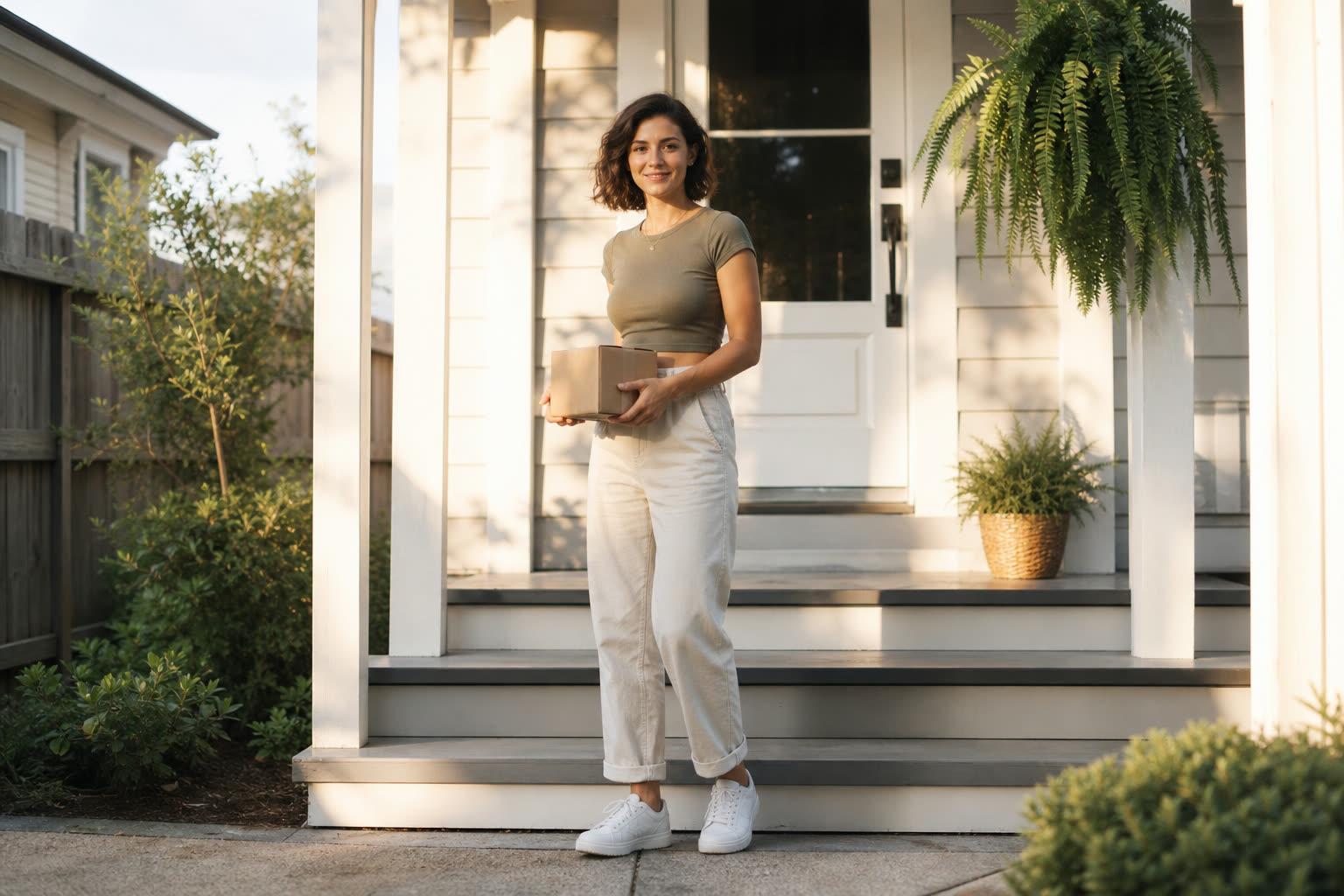 A early 20s woman with a lean build picking up a discreet package from their doorstep in morning light
