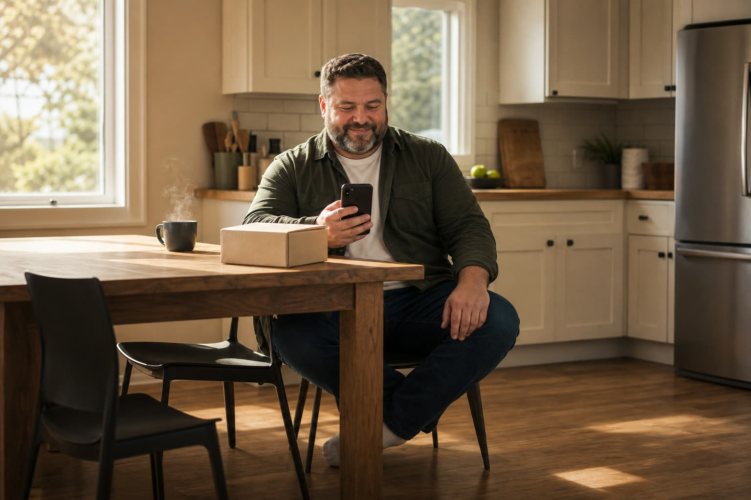 A man reading a message at a sunlit kitchen table beside a plain unmarked delivery box