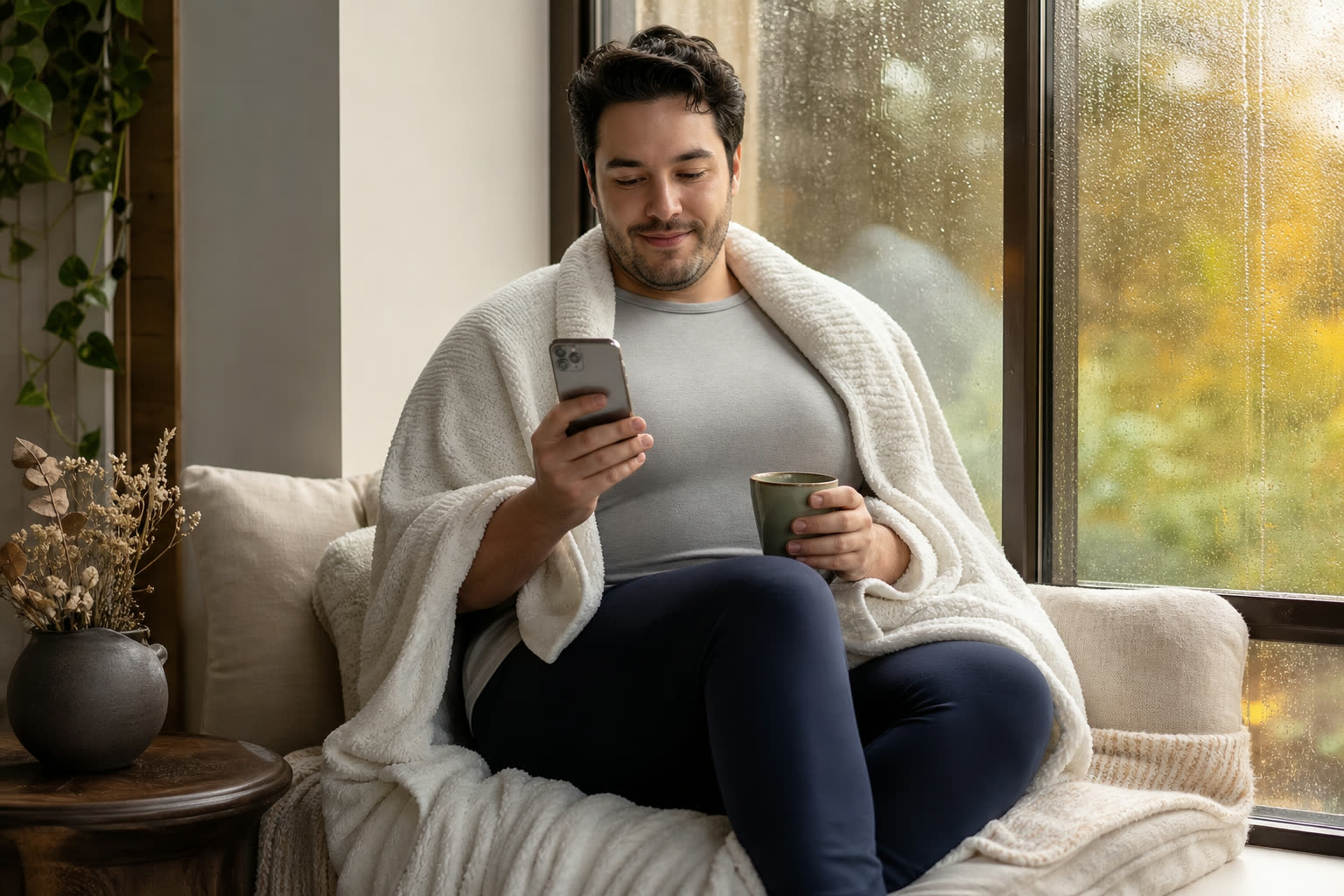 A early 30s man with a curvy hourglass build wrapped in a blanket with tea, texting their care team from a window seat